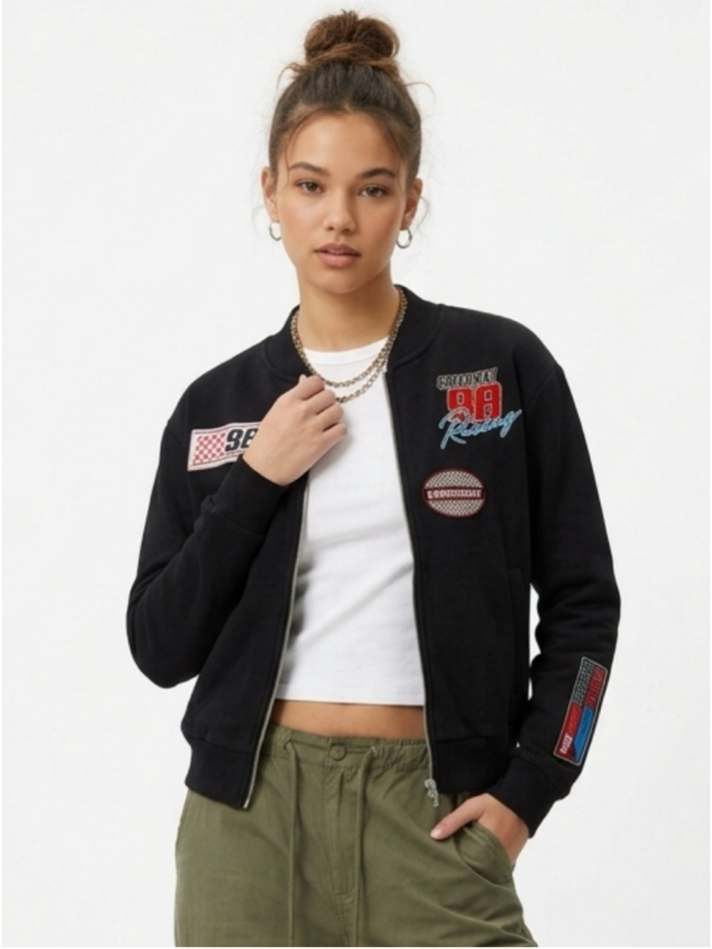 Social Scene Racing Bomber Sweater XS Black Graphic Patch Speedway Streetwear